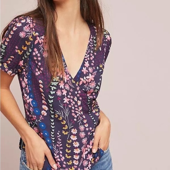 Anthropologie Meadow Rue Eldoret Floral Wrap Top Purple Size 6 - Picture 4 of 14